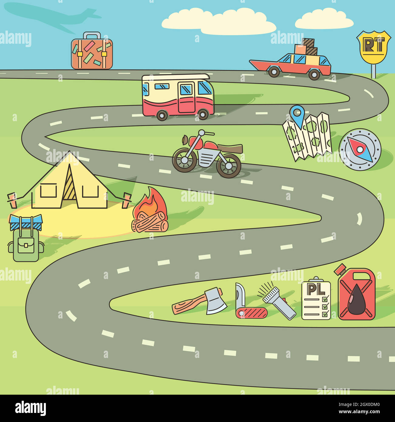 Viaggio adventure concept, stile cartoon Illustrazione Vettoriale