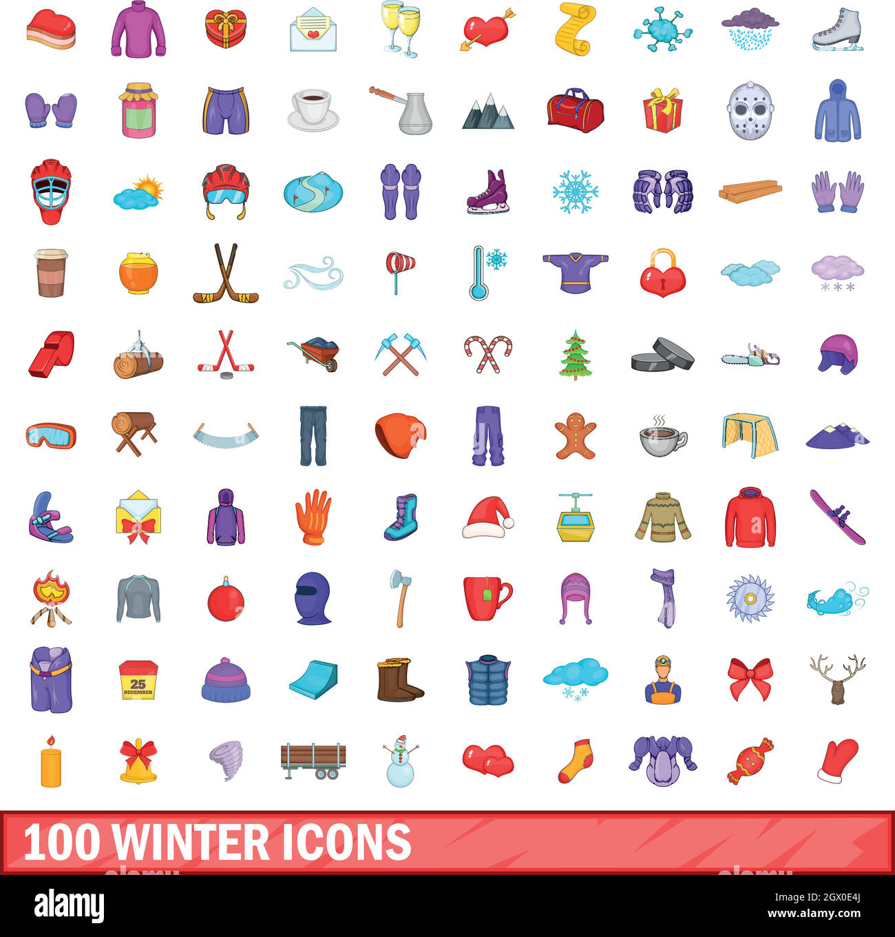 100 inverno set di icone, stile cartoon Illustrazione Vettoriale