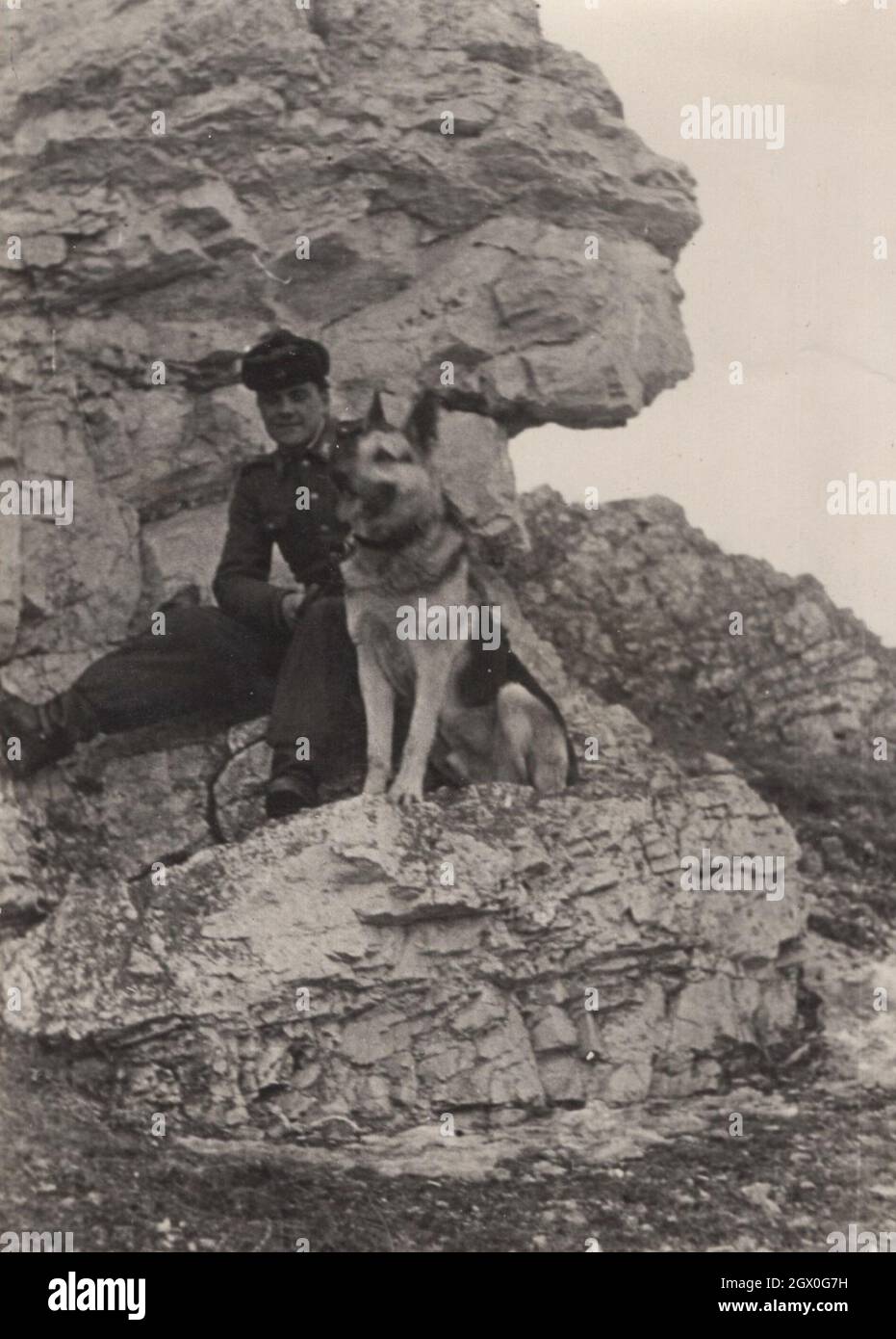 vintage / retro Army / militare tedesco cane pastore serie 1. Un soldato sta posando con il suo cane (Pastore tedesco) sul campo intorno agli anni '50. Egli proviene dall'Europa orientale, forse dall'Ungheria. Fonte: Fotografia originale Foto Stock