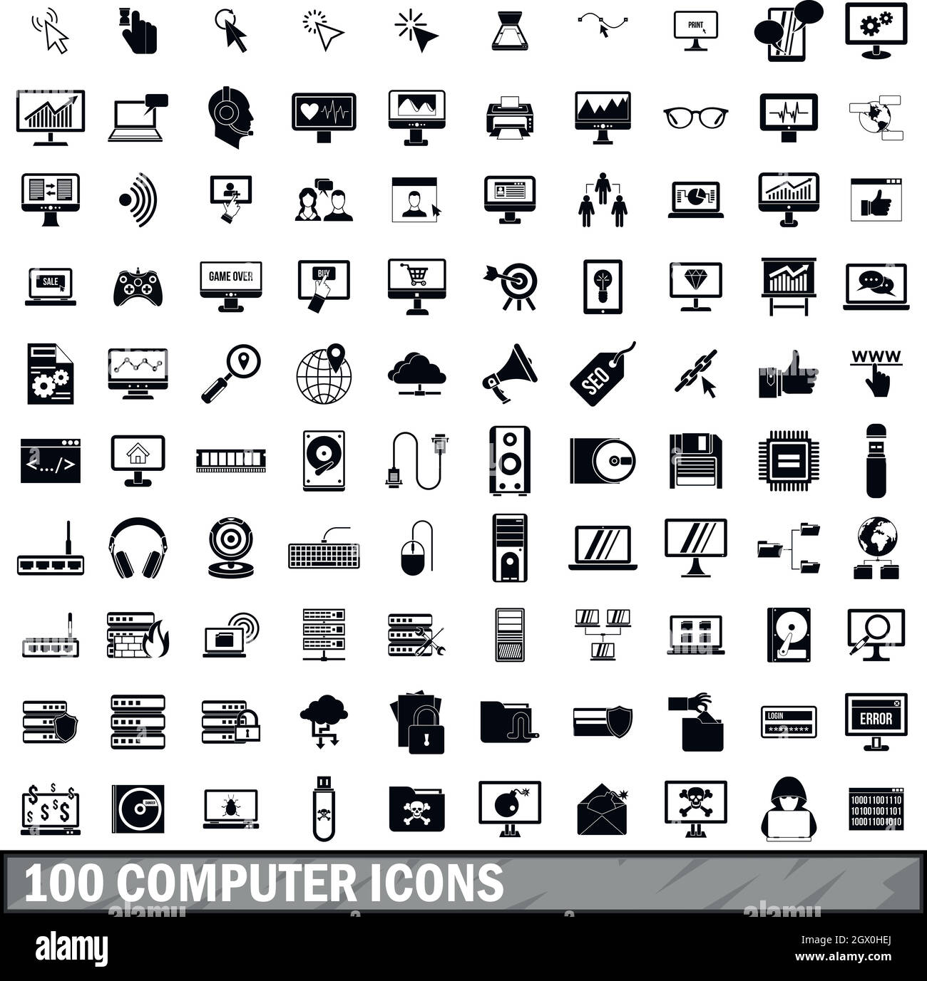 100 computer set di icone in stile semplice Illustrazione Vettoriale