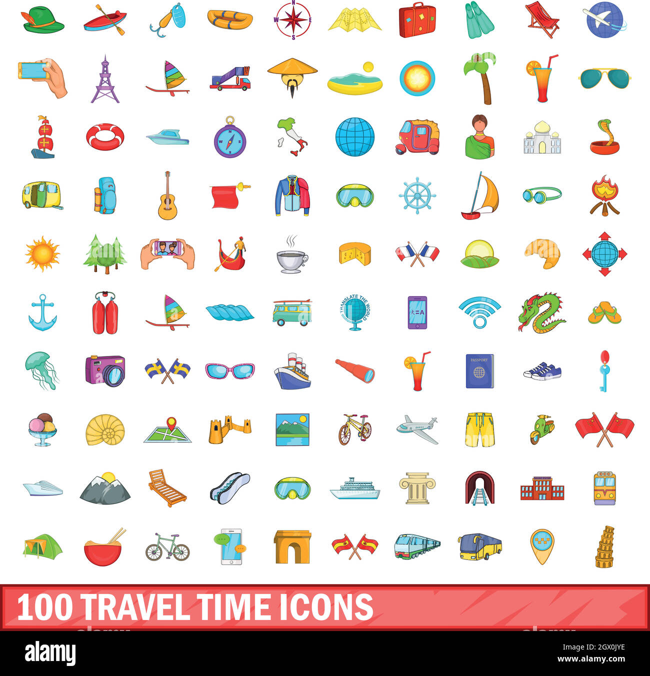 100 Tempo di viaggio set di icone, stile cartoon Illustrazione Vettoriale