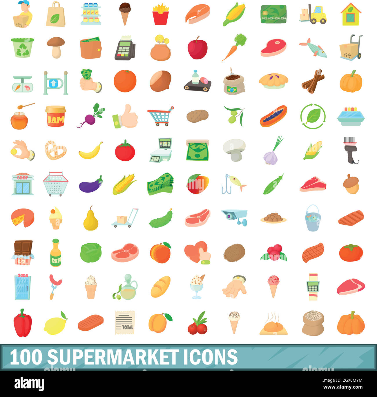 100 supermercato set di icone, stile cartoon Illustrazione Vettoriale