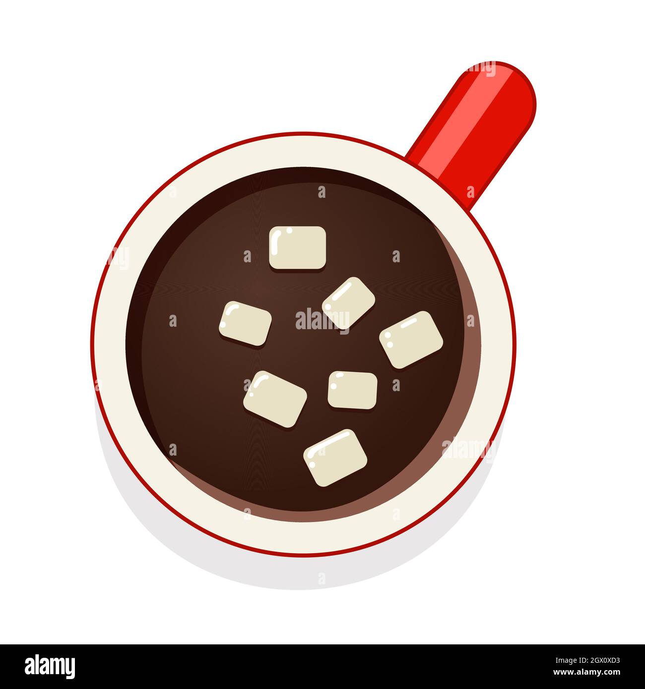 Cioccolata calda con marshmallow in rosso tazza vista dall'alto. Tazza con caffè. Illustrazione vettoriale. Illustrazione Vettoriale