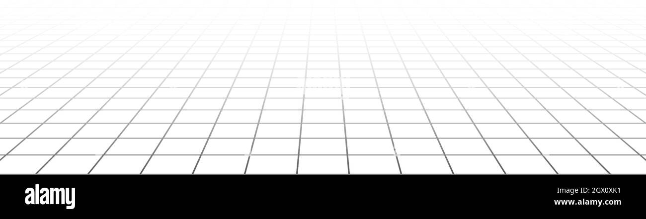 Pavimento della stanza bianco in prospettiva griglia con sfondo grigio a reticolo. Modello di tecnologia Digital cyber box. Modello architettonico astratto vettoriale Illustrazione Vettoriale