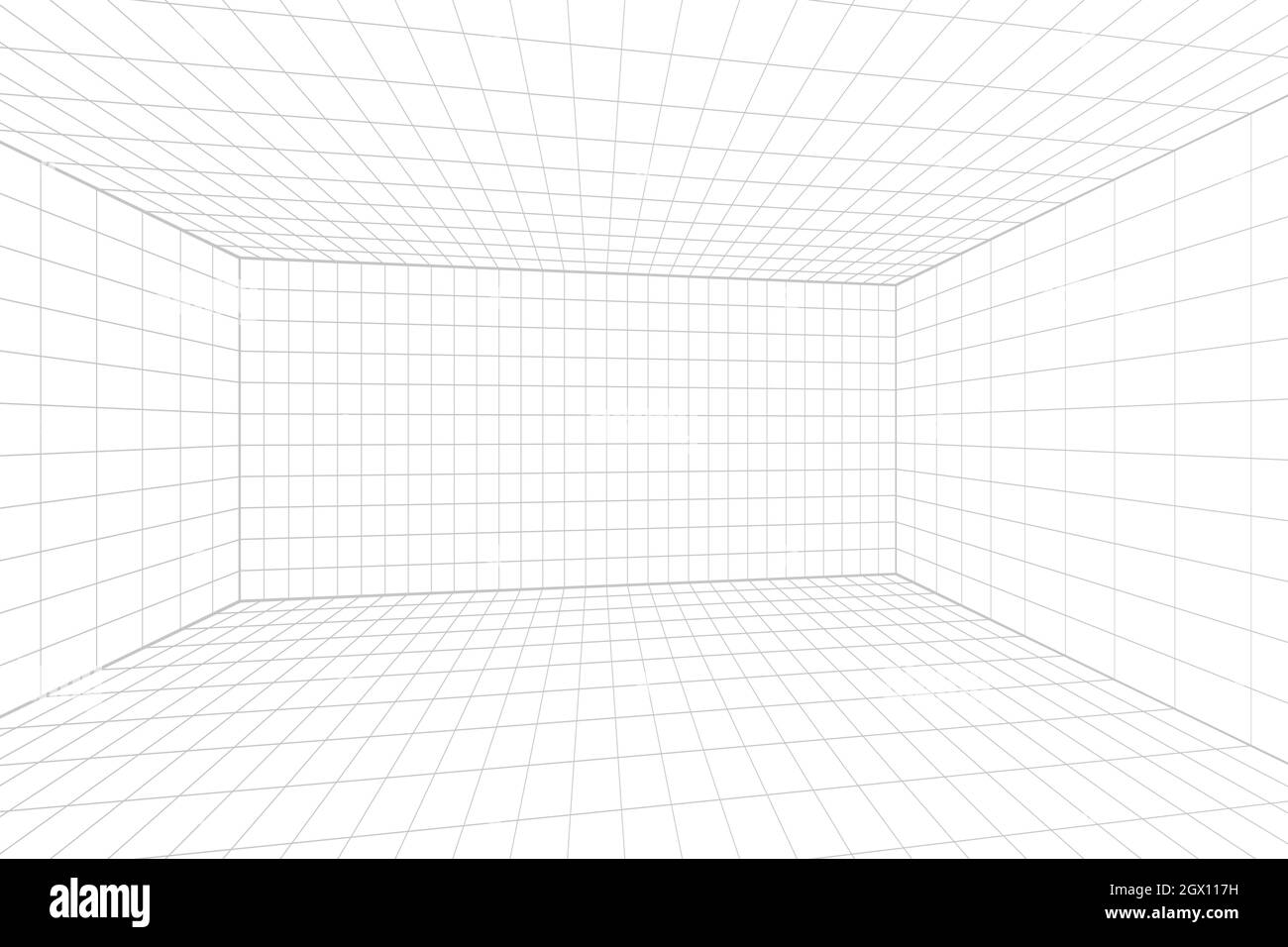 Camera bianca con prospettiva a griglia e sfondo grigio a reticolo. Modello di tecnologia Digital cyber box. Modello architettonico astratto vettoriale Illustrazione Vettoriale