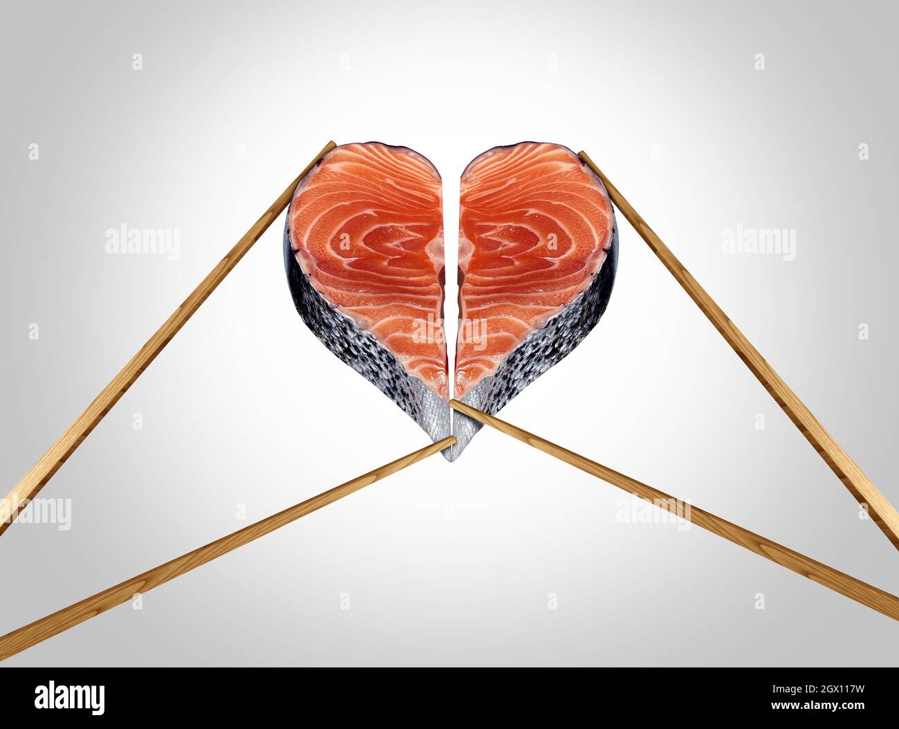 Il concetto di cuore d'amore di sushi e cena di pesce fresco per due cene e romantico simbolo di data come un paio di bacchette che tengono pesce con un romantico. Foto Stock