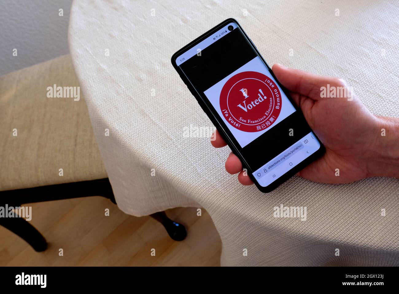 Digitale online ho votato! Adesivo in quattro lingue che riflette la pluralità etnica della California: Inglese, spagnolo, tagalog / filippino, e cinese. Foto Stock