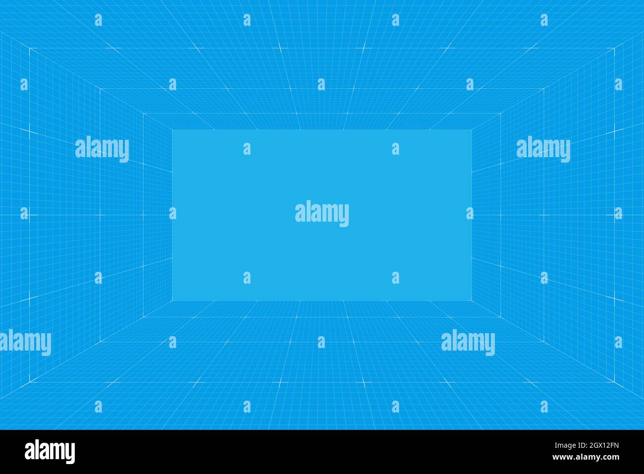 Camera di progetto con prospettiva a griglia. Sfondo in carta a reticolo millimetrica. Modello di tecnologia Digital cyber box. Modello di architettura vettoriale vuoto Illustrazione Vettoriale