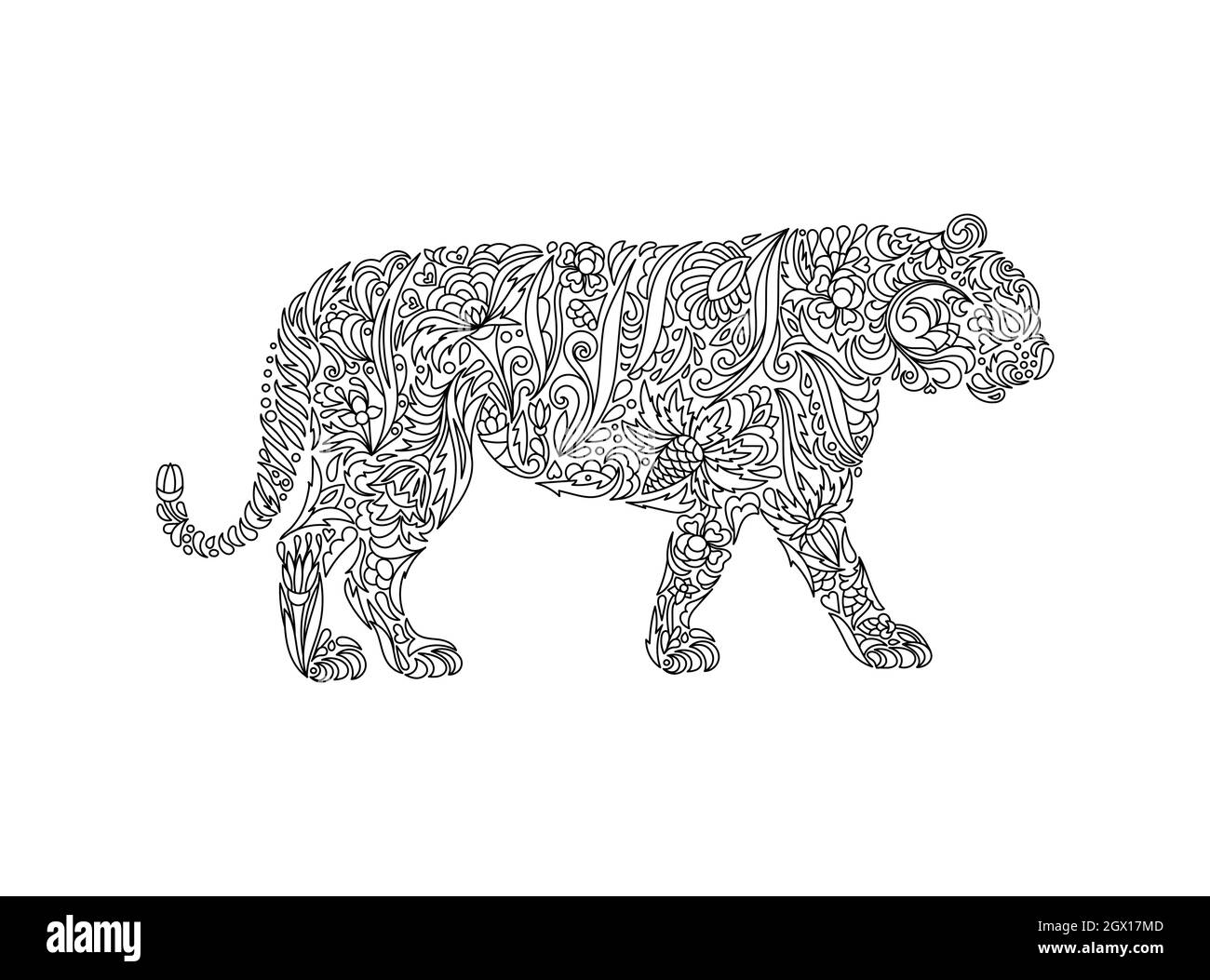 Tigre stilizzata, isolata su sfondo bianco. Disegno a mano libera per adulti anti stress coloring pagina libro con doodle e zentangle elementi. Linea vettoriale Illustrazione Vettoriale