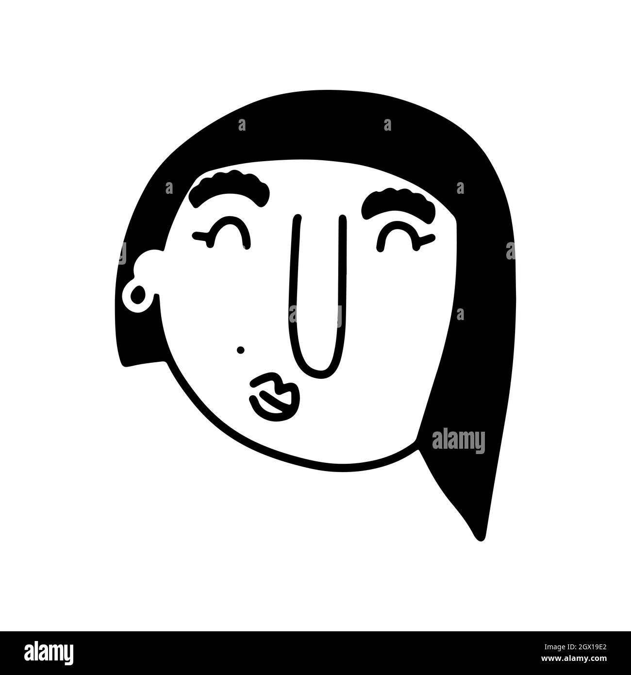 Doodle donna faccia. Contorno umano disegnato a mano isolato su sfondo bianco. Avatar divertente. Cartone animato ragazza. Femmina bellissimo ritratto. Pettinatura Bob, auricolare Illustrazione Vettoriale