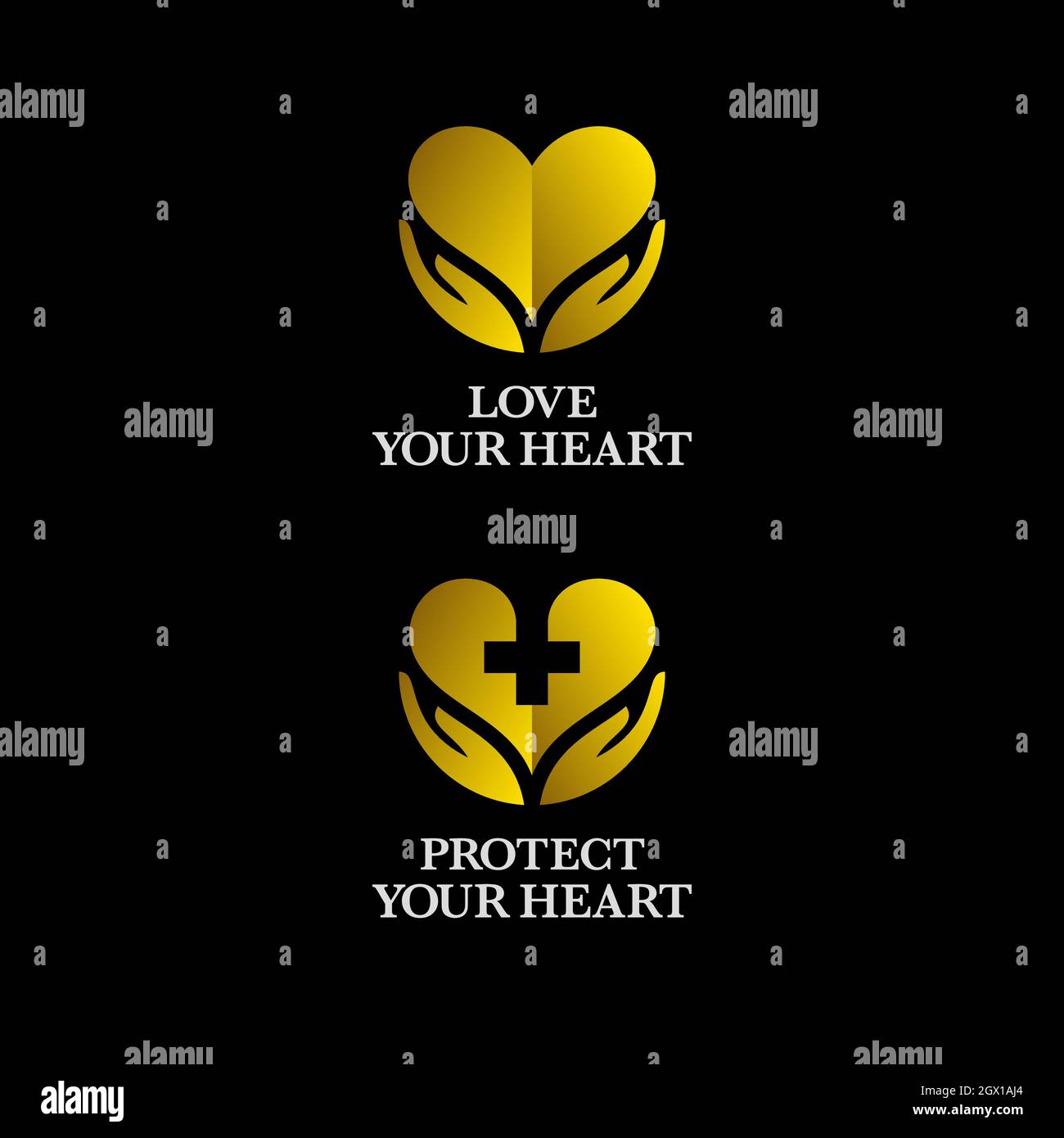 Icone a cuore color oro con le mani. Salute, bellezza o amore logo design di lusso. Illustrazione Vettoriale