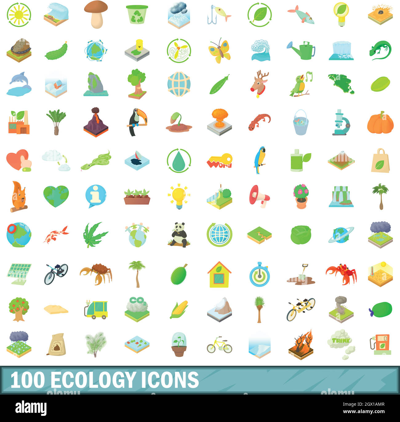 100 ecologia set di icone, stile cartoon Illustrazione Vettoriale