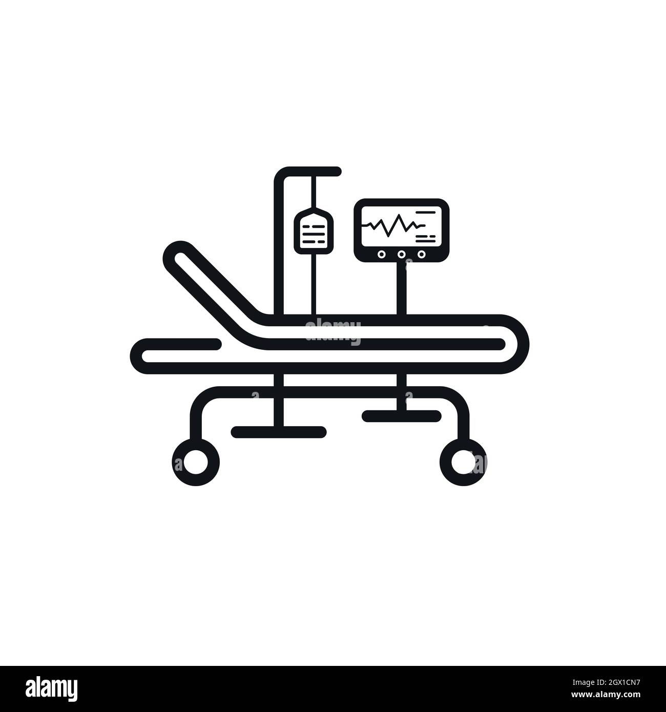 Letto d'ospedale, cardiogramma e sacchetto liquido in plastica in unità di terapia intensiva. Design icona dell'apparecchiatura medica di emergenza. Illustrazione Vettoriale