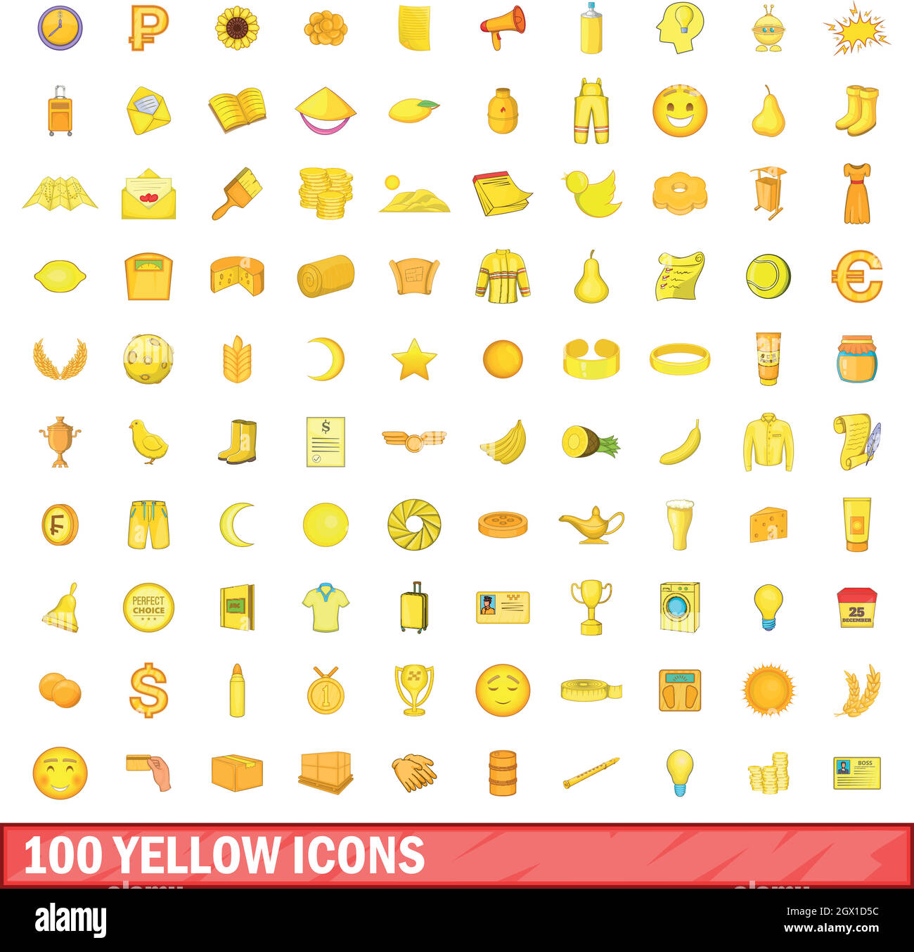 100 giallo set di icone, stile cartoon Illustrazione Vettoriale