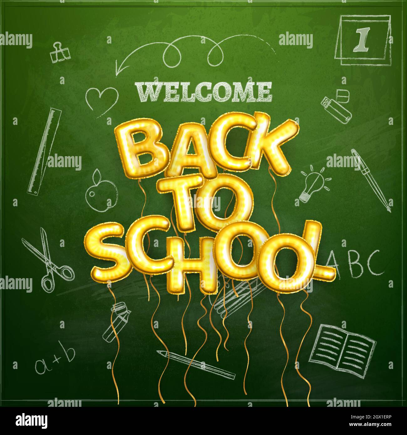 Poster di ritorno a scuola. Bordo verde della scuola con testo del gesso e testo dei palloncini d'oro volanti. Biglietto di auguri. Illustrazione vettoriale Illustrazione Vettoriale