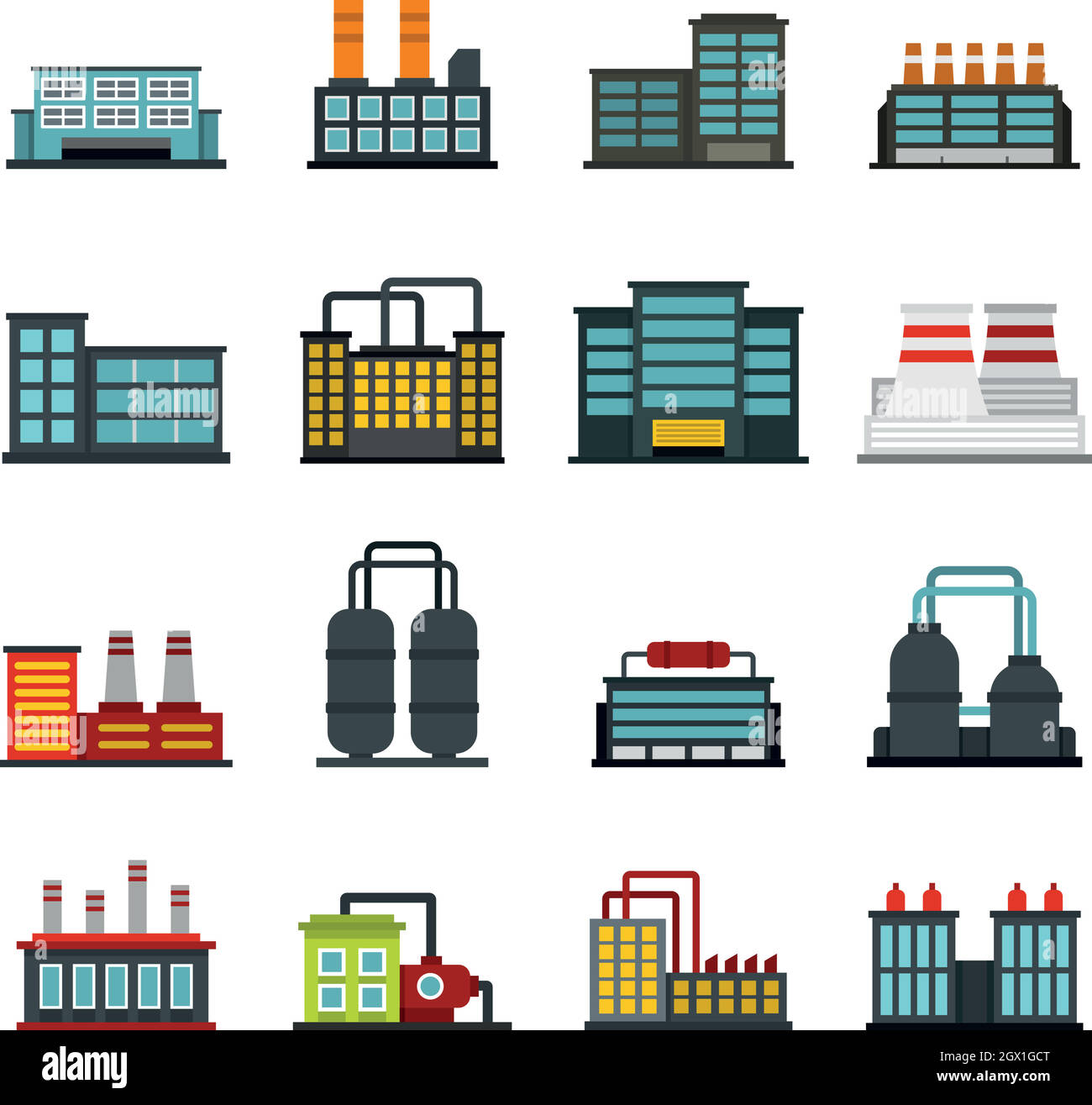 Edificio industriale impostato in fabbrica icone piatta Illustrazione Vettoriale