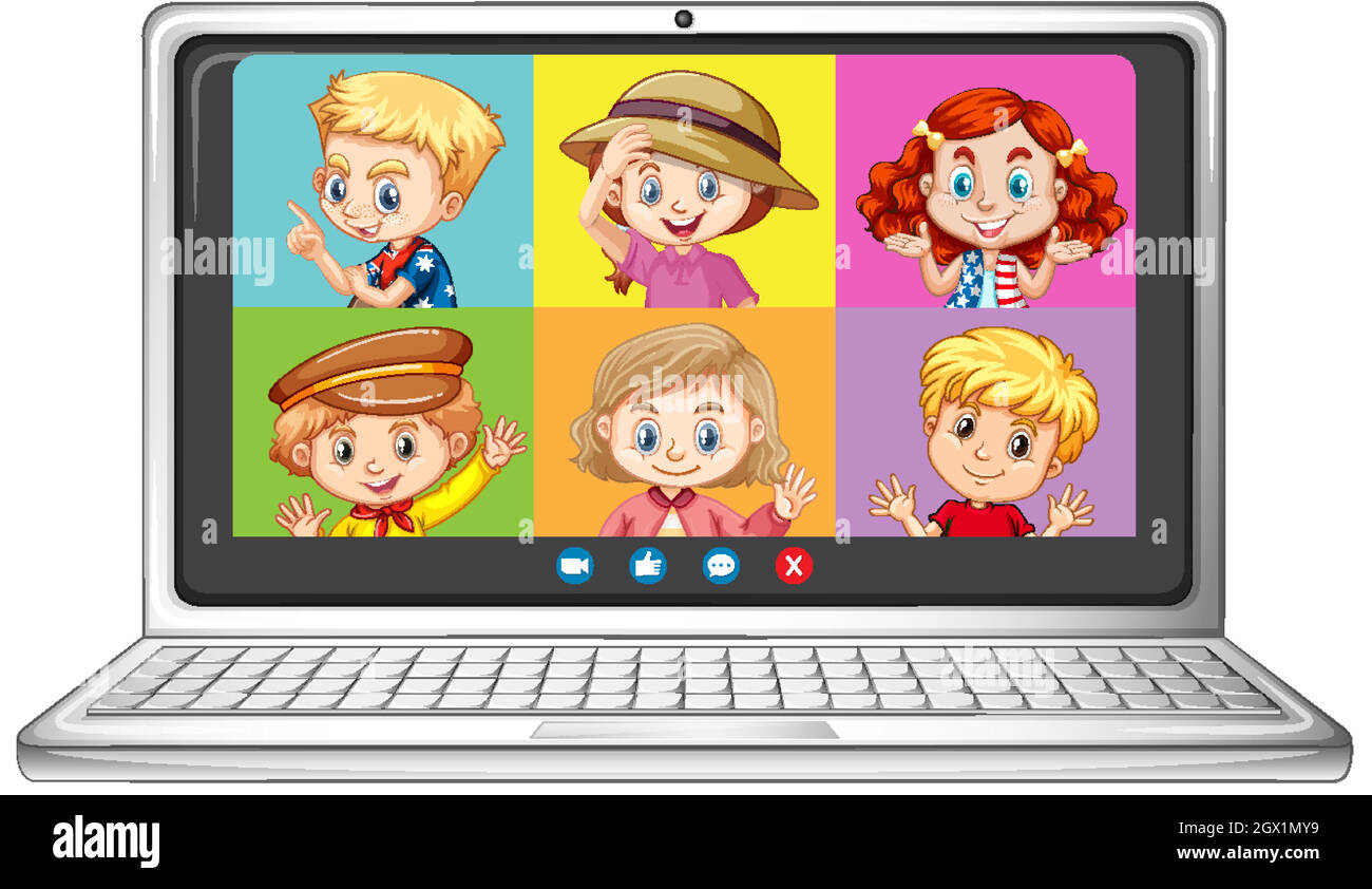 Schermata online della chat video per gli studenti sul laptop su sfondo bianco Illustrazione Vettoriale