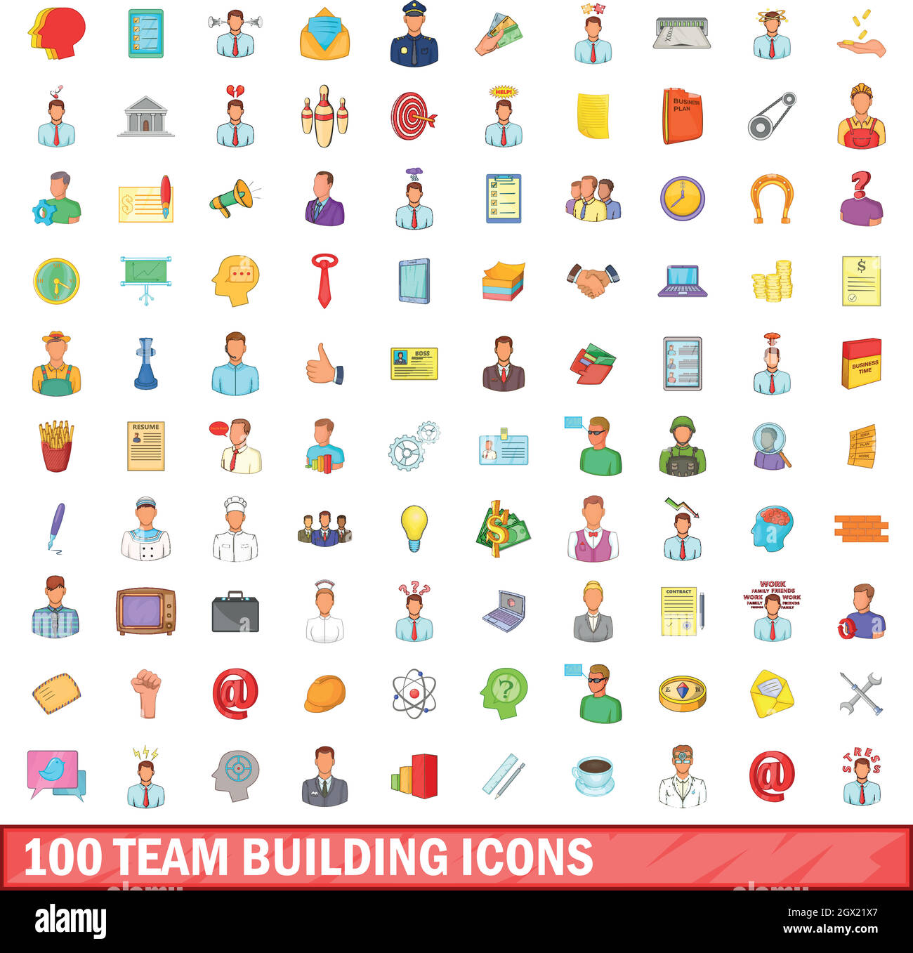 100 team building set di icone, stile cartoon Illustrazione Vettoriale