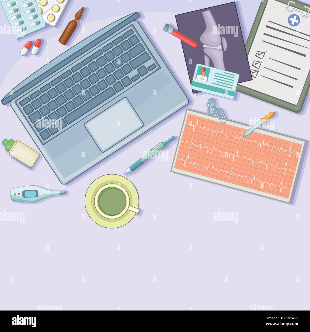 Stazione di lavoro di concetto di medicina, stile di cartone animato Illustrazione Vettoriale