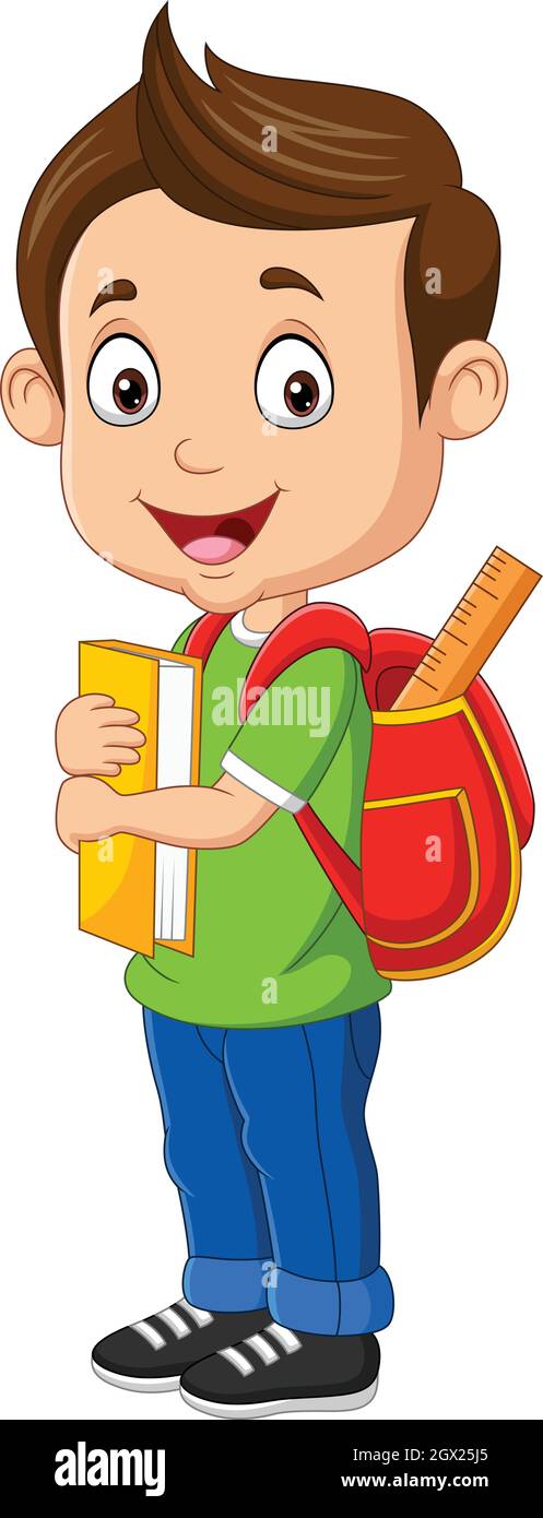 Cartone animato ragazzo felice con libro e zaino Illustrazione Vettoriale
