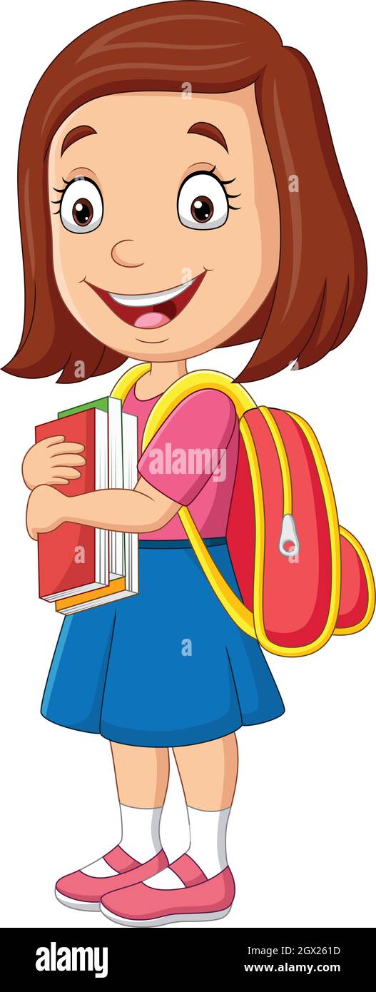 Cartoon happy School girl libro portante e zaino Illustrazione Vettoriale