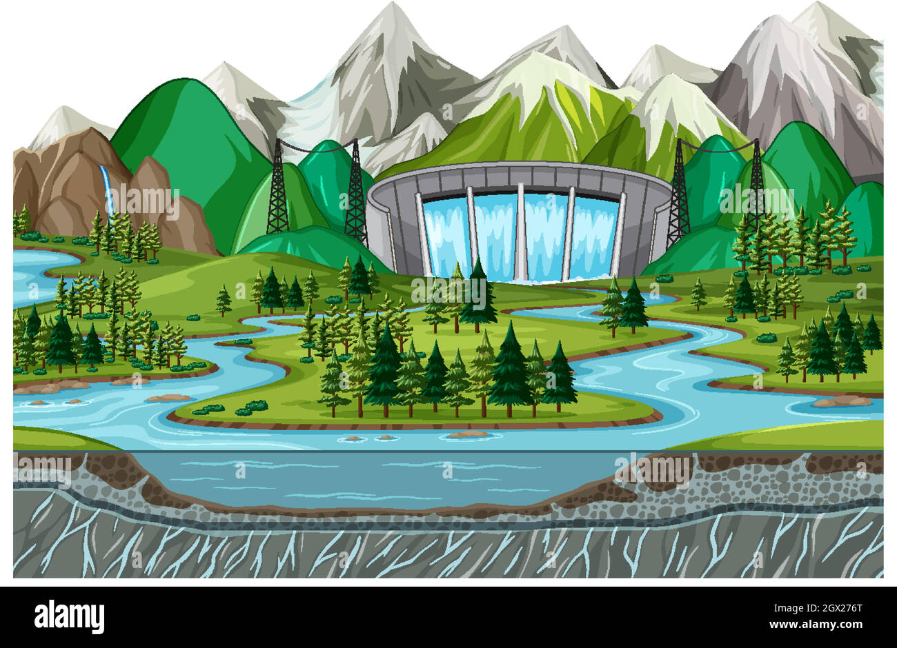 Scena con sfondo diga d'acqua Illustrazione Vettoriale