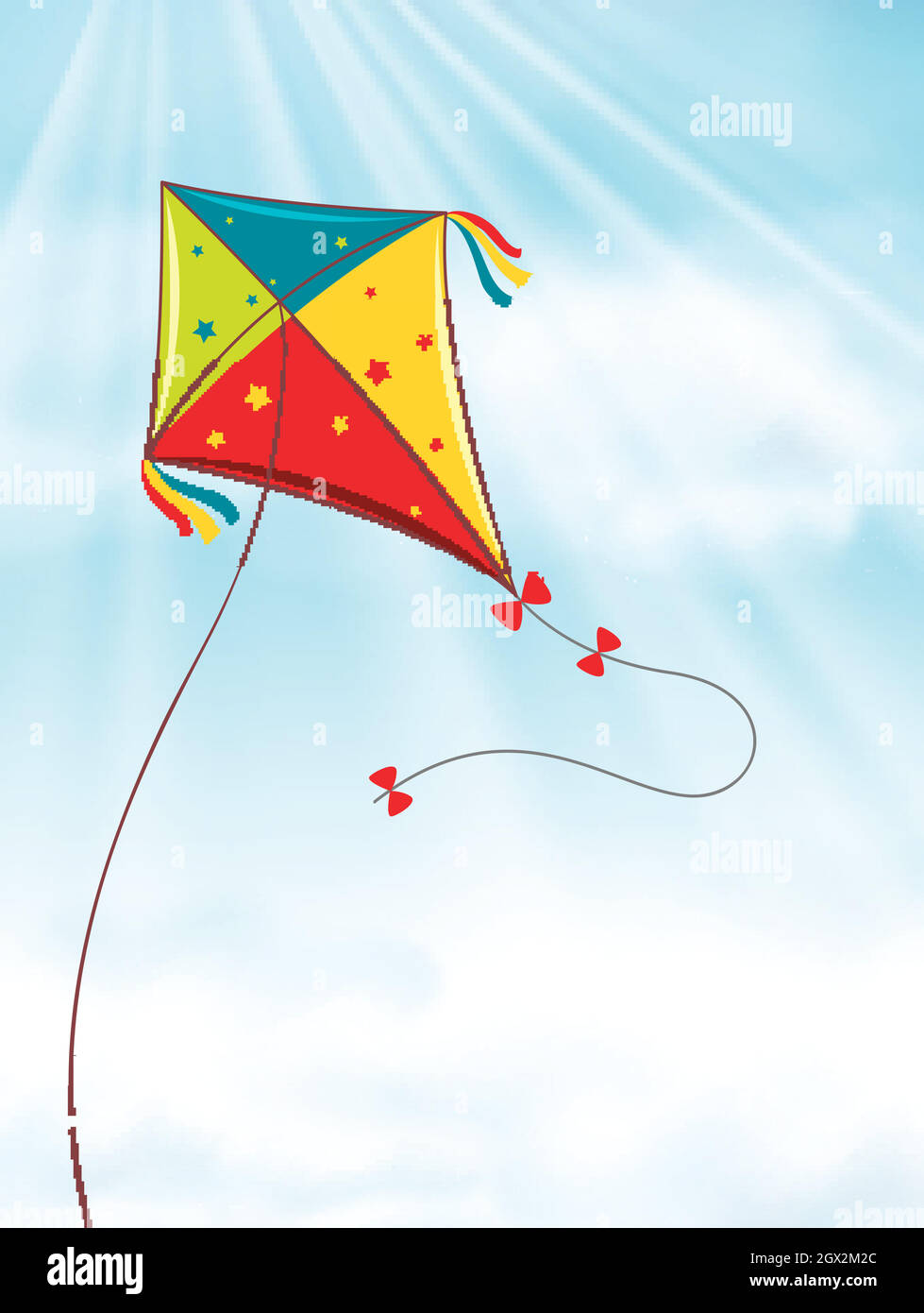 Colorato aquilone vola nel cielo blu Illustrazione Vettoriale