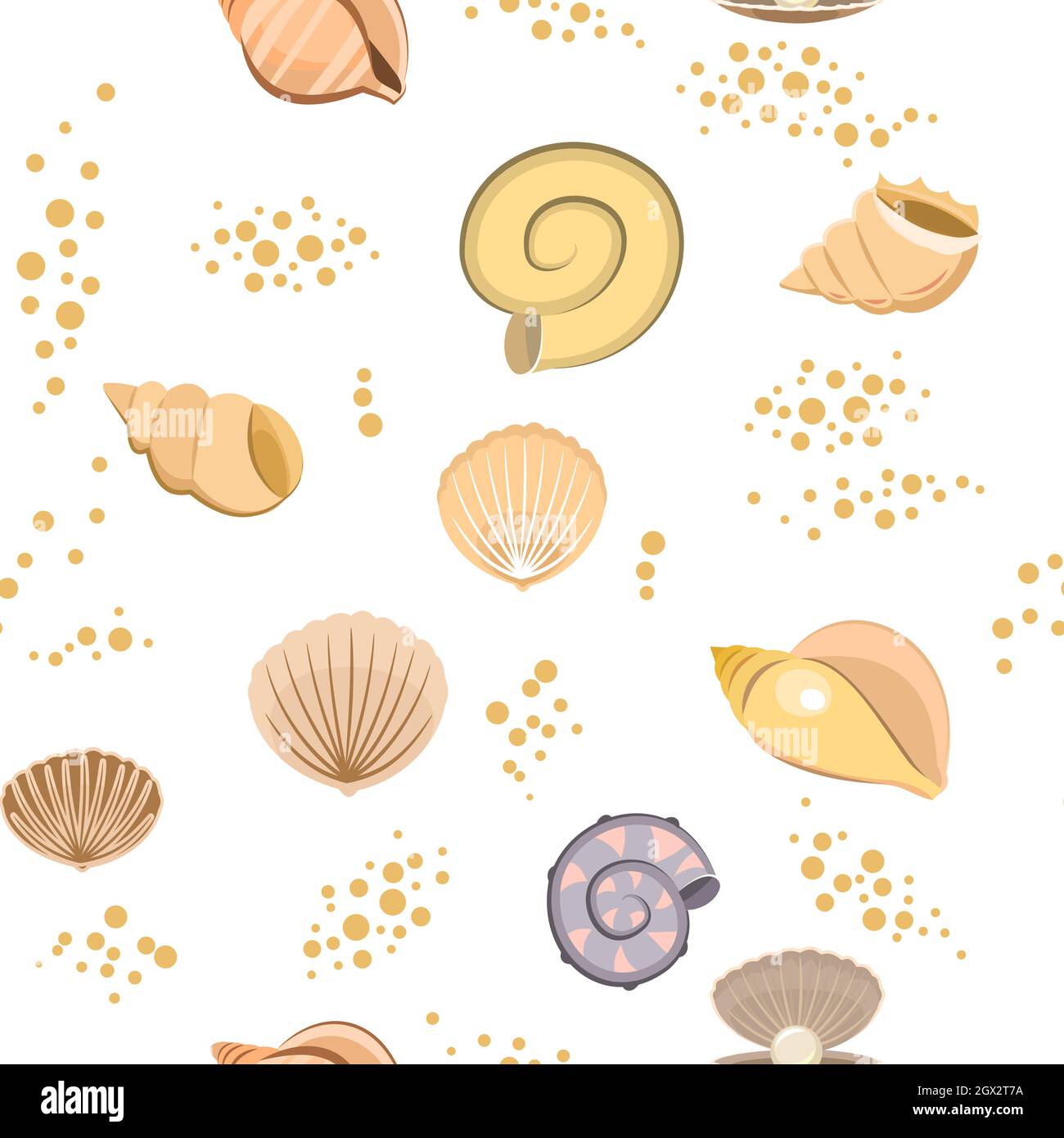 Conchiglie sulla sabbia. Fondo del bacino idrico o della spiaggia. Mare oceano. Senza interruzioni. Illustrazione in stile cartoon. Design piatto. Arte vettoriale Illustrazione Vettoriale