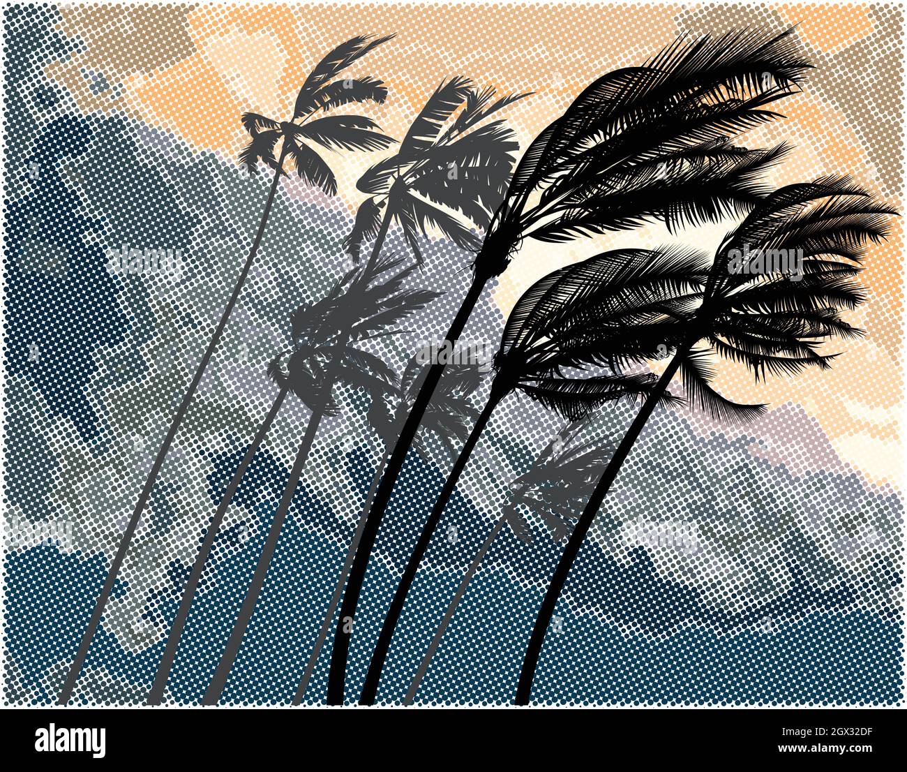 Alberi di palma piegati da un forte vento hurricano Illustrazione Vettoriale