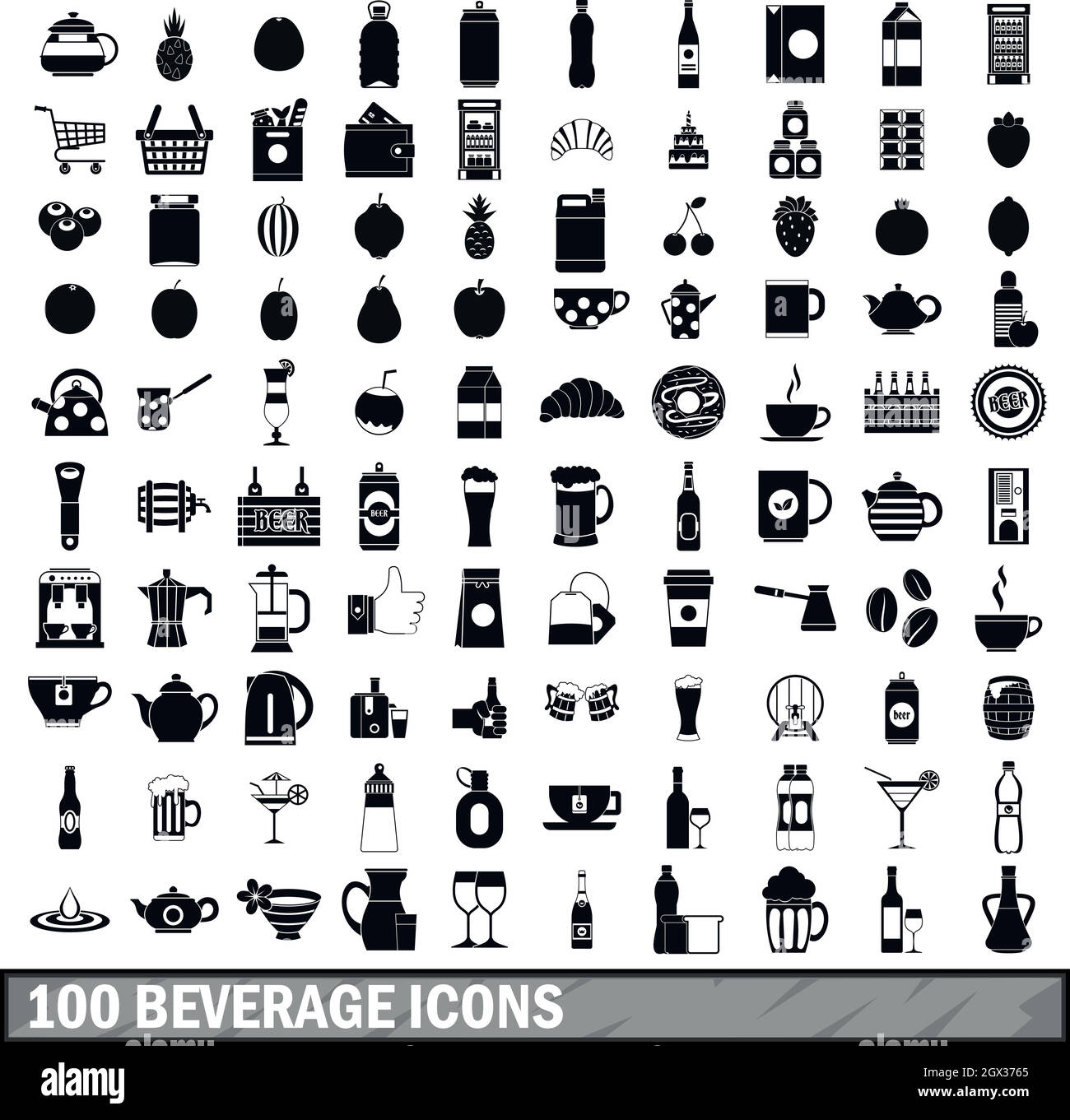 100 bevande set di icone in stile semplice Illustrazione Vettoriale