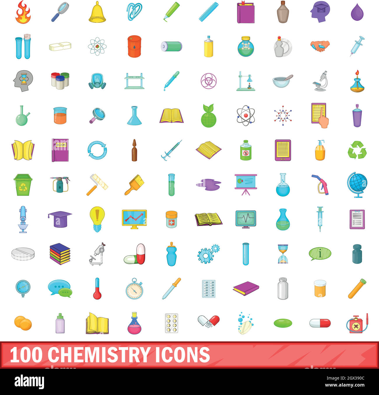 100 chemistry set di icone, stile cartoon Illustrazione Vettoriale