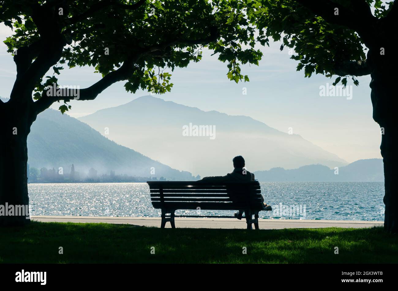 Persona in silhouette seduta sulla schiena su una panca guardando un lago tranquillo al mattino con montagne e nebbia sullo sfondo. Foto Stock