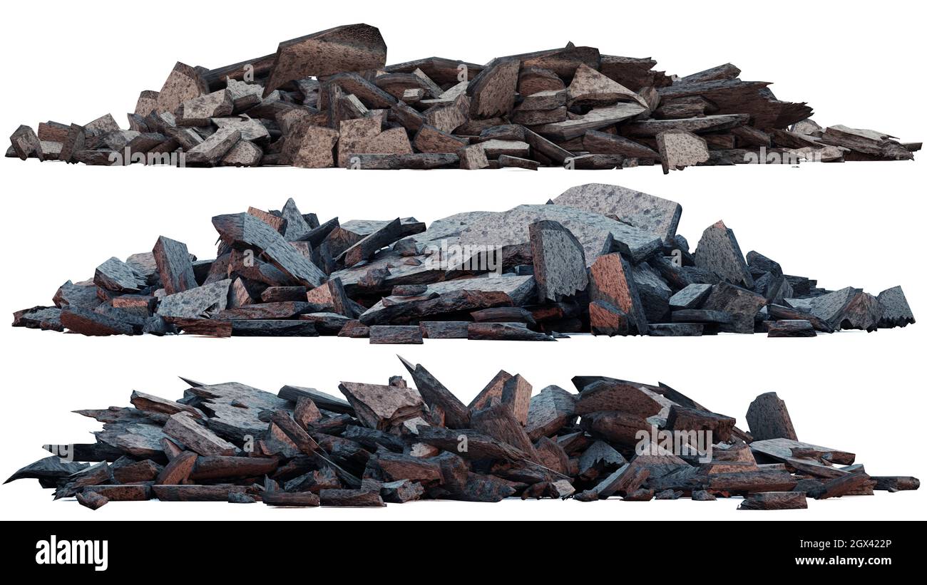 cumuli di macerie, serie di cumuli di detriti di calcestruzzo isolati su sfondo bianco Foto Stock