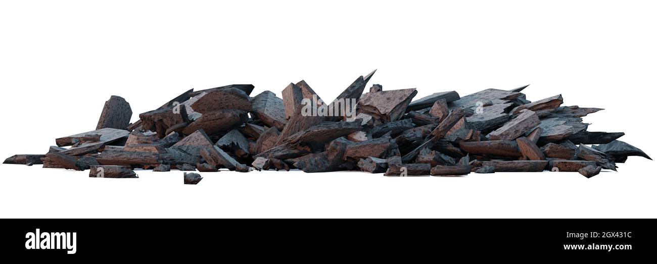mucchi di detriti di calcestruzzo, cumulo di macerie isolato su sfondo bianco banner Foto Stock