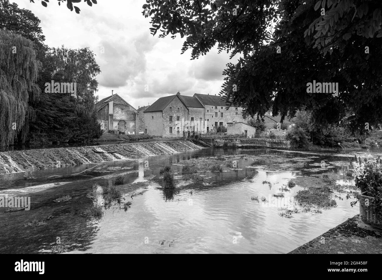 Immagine in bianco e nero del fiume Tille a Lux, Costa d'Or, Francia. Foto Stock