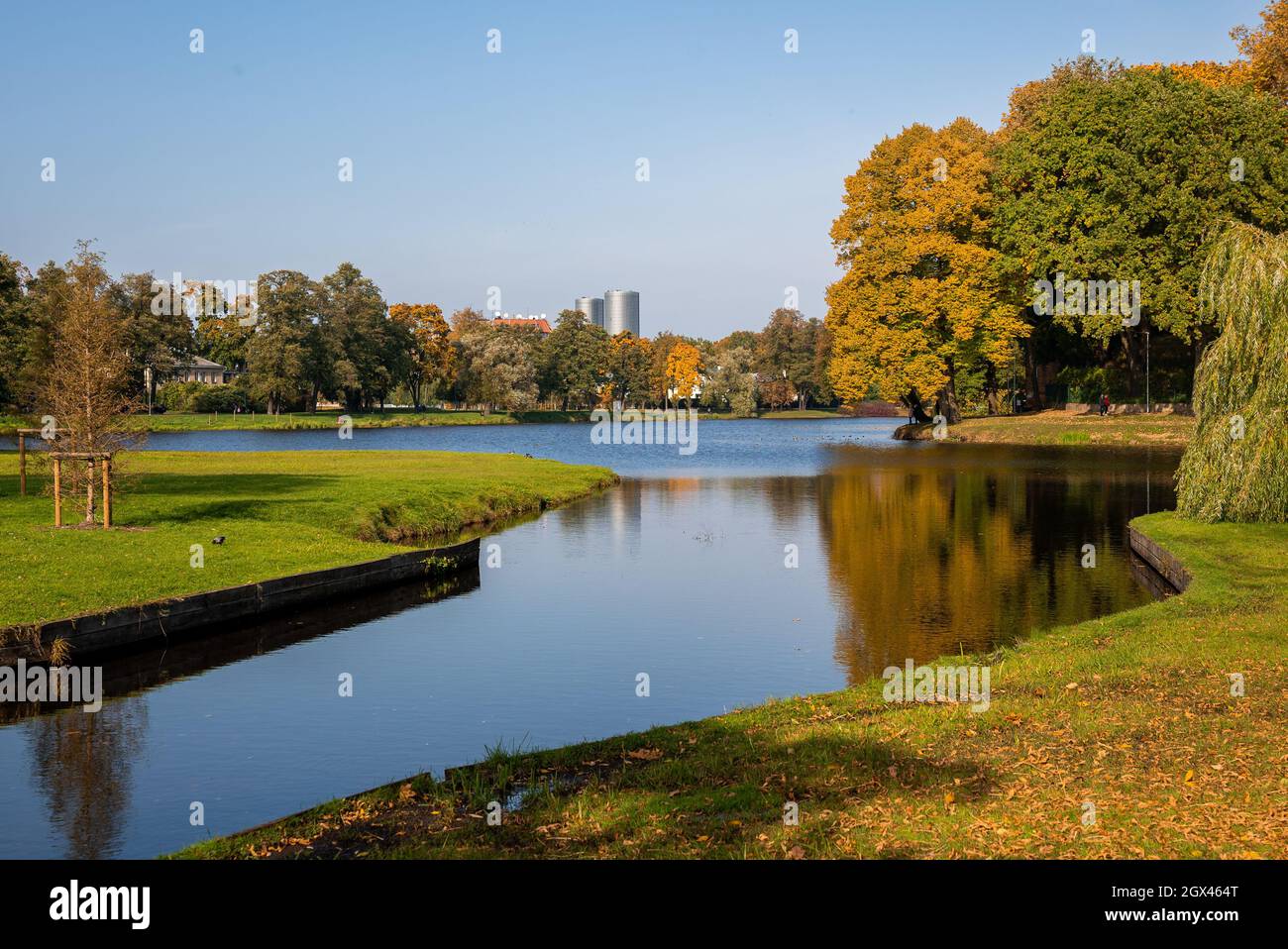 Colorfull autunno in un parco pubblico di riga, Lettonia. Foto Stock