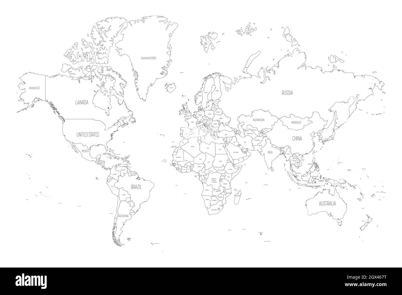 Mappa del mondo. Proiezione Mercator. Mappa politica dettagliata dei paesi e territori dipendenti. Semplice illustrazione vettoriale piatta Illustrazione Vettoriale