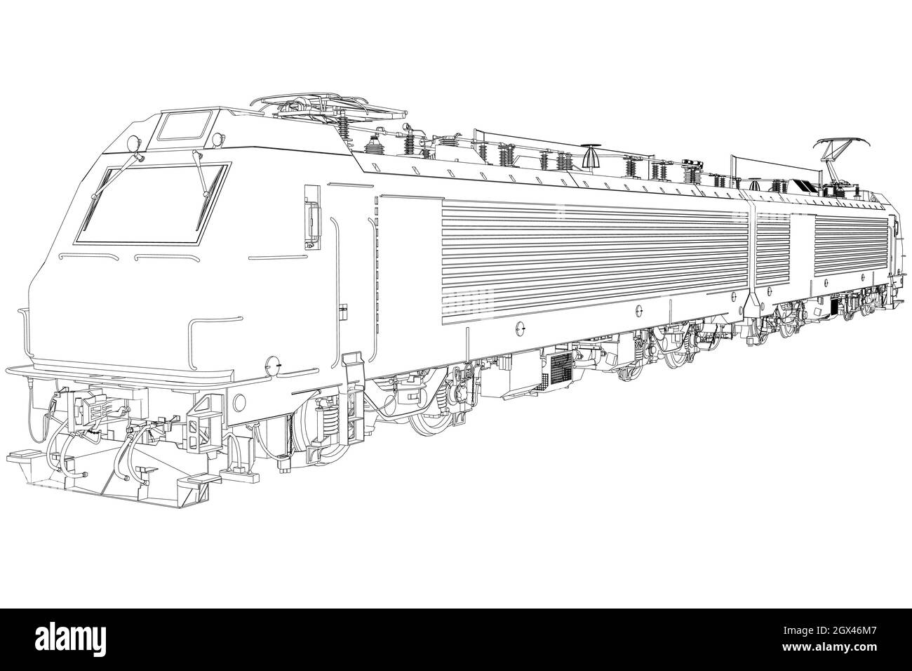 Profilo della locomotiva elettrica da linee nere isolate su sfondo bianco. Treno dettagliato. Illustrazione vettoriale. Illustrazione Vettoriale