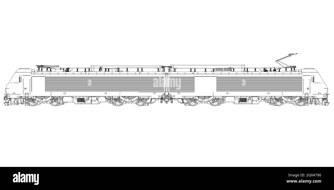 Profilo della locomotiva elettrica da linee nere isolate su sfondo bianco. Treno dettagliato. Vista laterale. Illustrazione vettoriale. Illustrazione Vettoriale