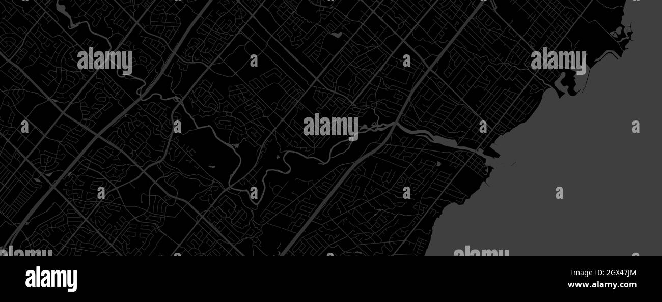 Nero scuro Mississauga area della città vettore orizzontale sfondo mappa, strade e acqua cartografia illustrazione. Proporzioni widescreen, Digital Flat des Illustrazione Vettoriale