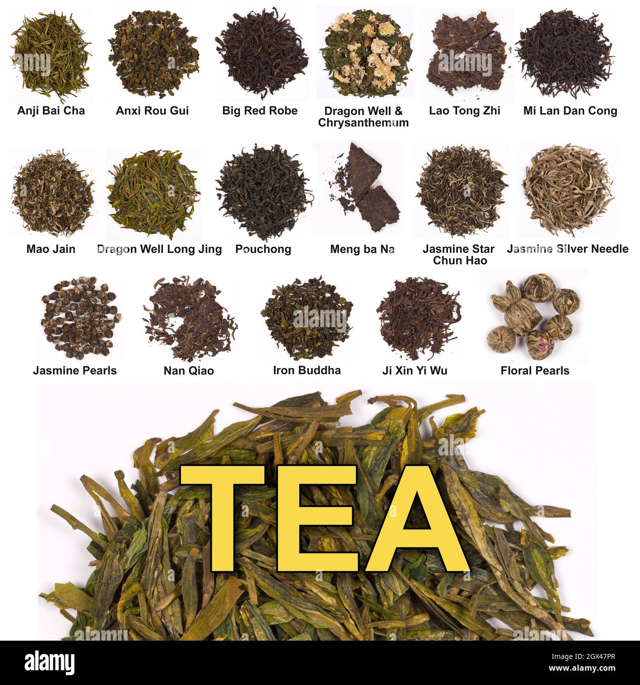 Varietà di tè orientale - il tè è una bevanda aromatica preparata versando acqua calda o bollente su foglie curate o fresche di Camellia sinensis. Foto Stock