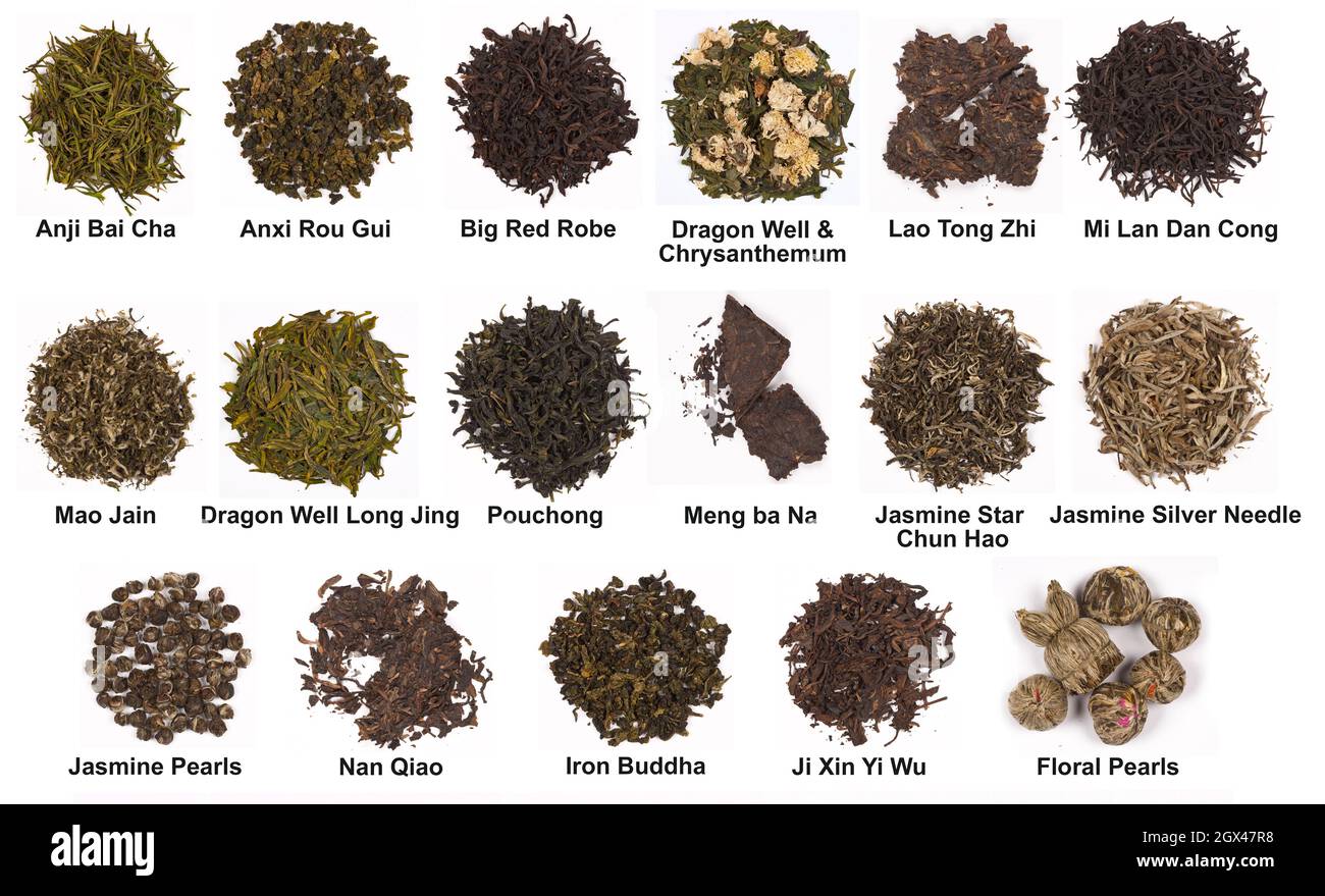 Varietà di tè orientale - il tè è una bevanda aromatica preparata versando acqua calda o bollente su foglie curate o fresche di Camellia sinensis. Foto Stock