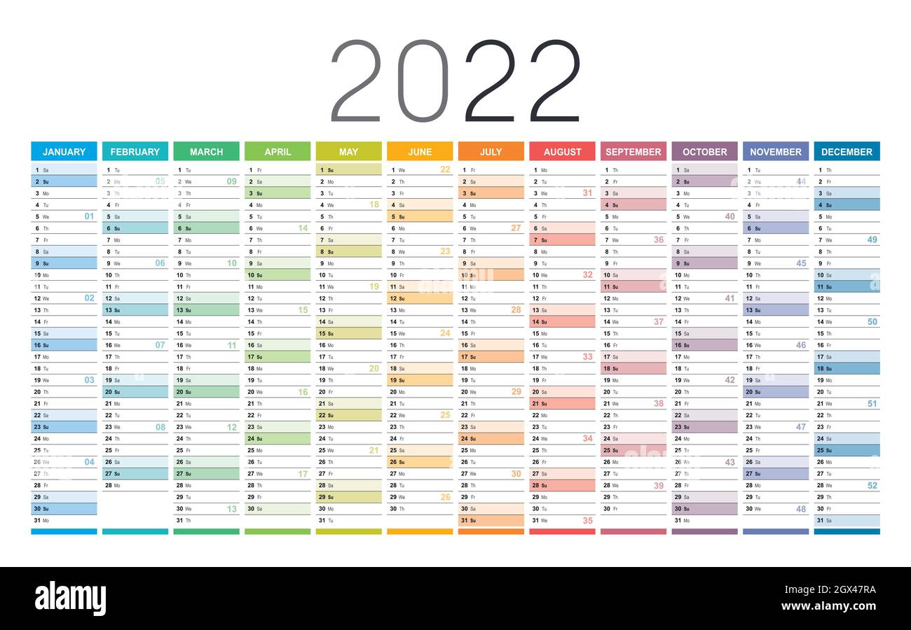 Anno 2022 calendario da parete colorato, con numeri di settimane, su sfondo bianco. Modello