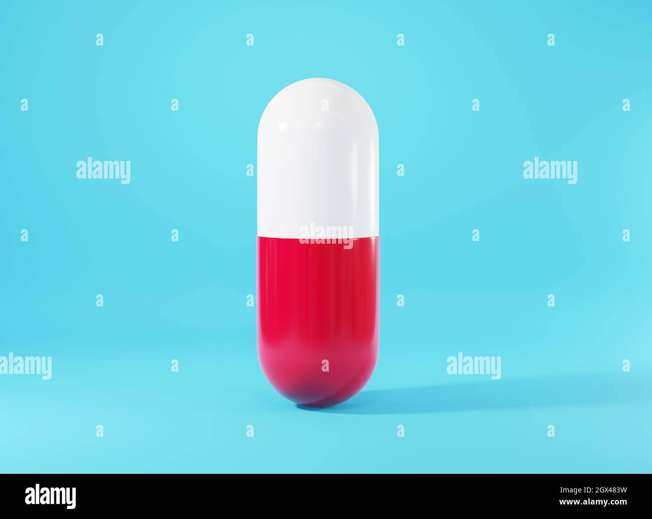 Closeup pillola medica o tablet icona su sfondo blu, modello di progettazione di pillole di capsule virus, farmacia medica e ospedale di assistenza sanitaria concetto, 3D r Foto Stock