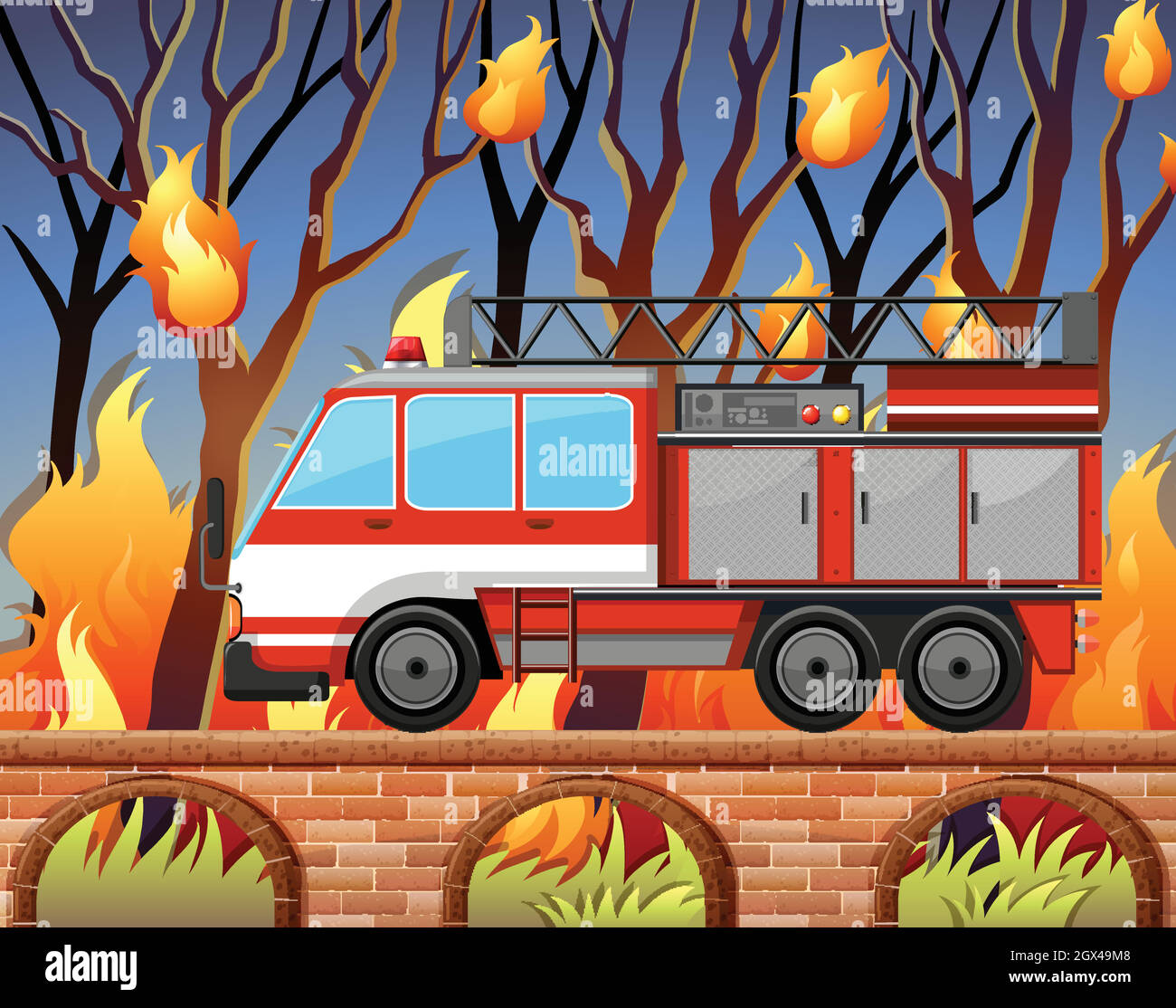 Camion del fuoco e il fuoco selvaggio alla foresta Illustrazione Vettoriale
