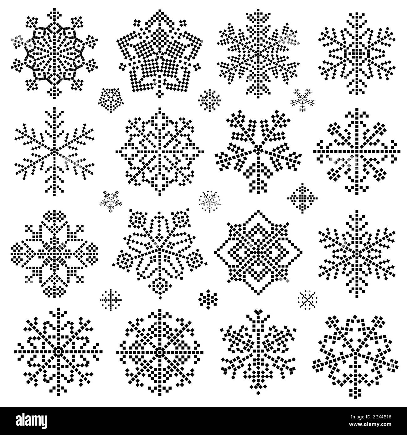 Pixel Art Winter Snowflakes Silhouettes Illustrazione Vettoriale