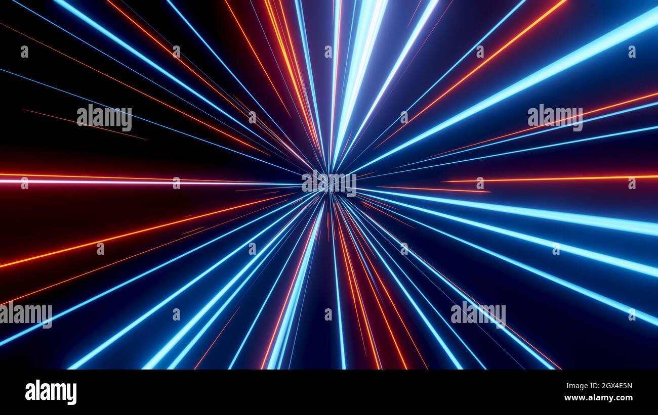 Il neon emette raggi in movimento nel tunnel della tecnologia digitale. Viaggia attraverso lo spazio e il tempo. Illustrazione 3D Foto Stock