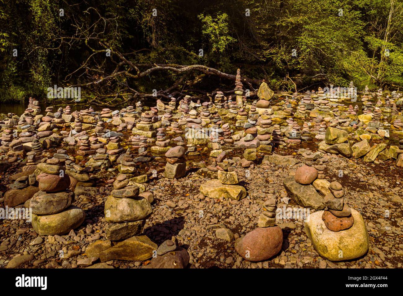 Collezione di cairns sul sentiero Four Falls, Brecon Beacons Foto Stock