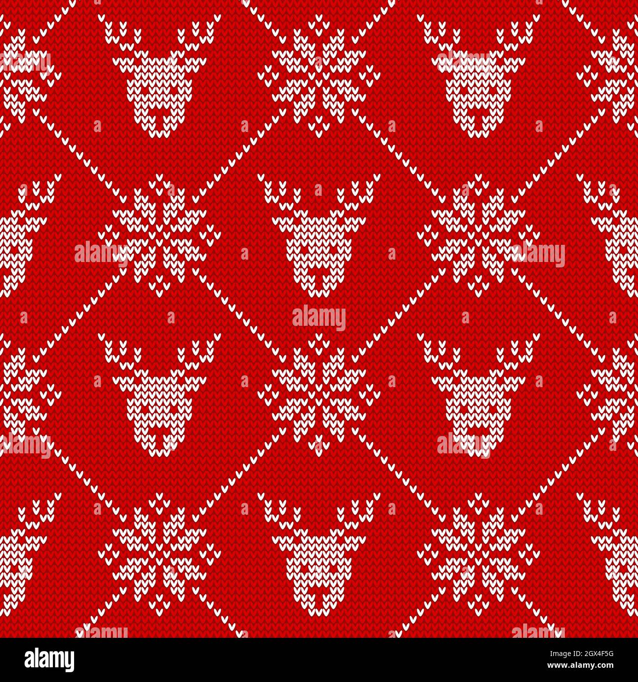 Maglia senza cuciture con testa di cervo e ornamento scandinavo. Fondo maglione rosso e bianco per design natalizio o invernale. Vettore Illustrazione Vettoriale