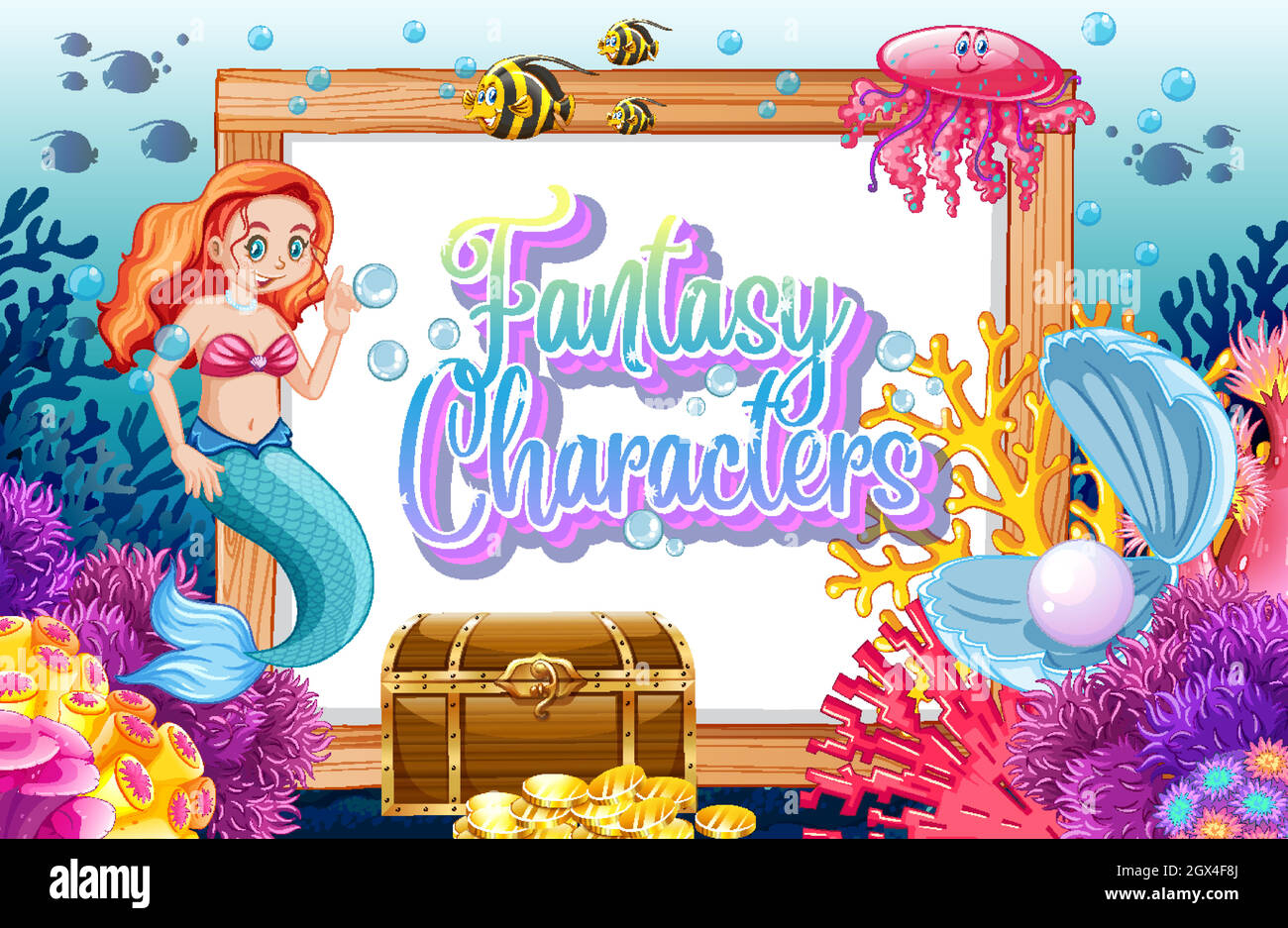 Logo dei personaggi fantasy con mermaids su sfondo sottomarino Illustrazione Vettoriale